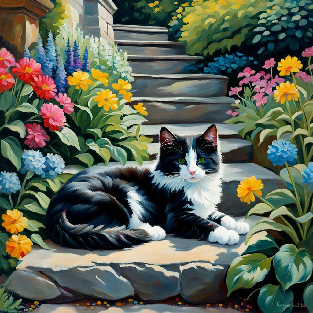 Oil painting of a gorgeous long haired black and white kitte...