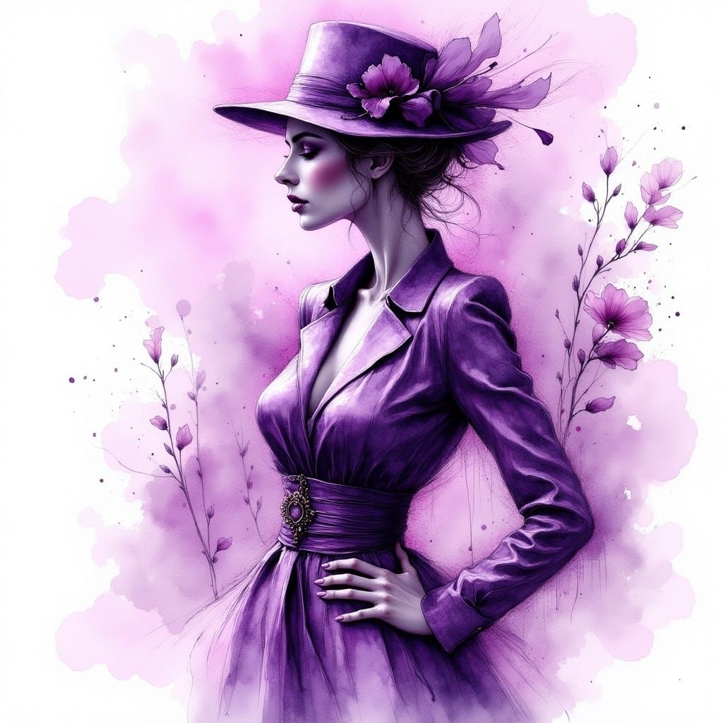 Elegant Woman in Monochromatic Purple, Ink Painting Style