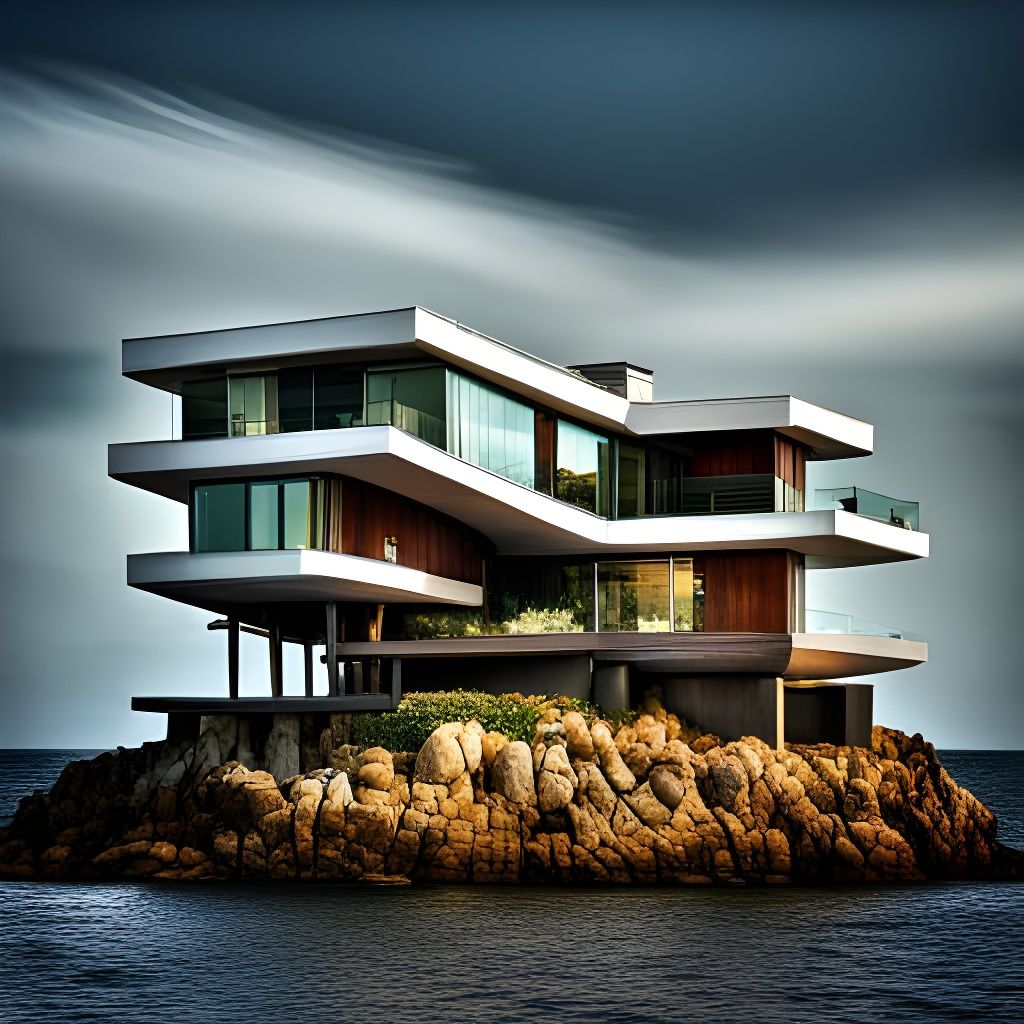 Hyperrealistic House Floating on Ocean Hill