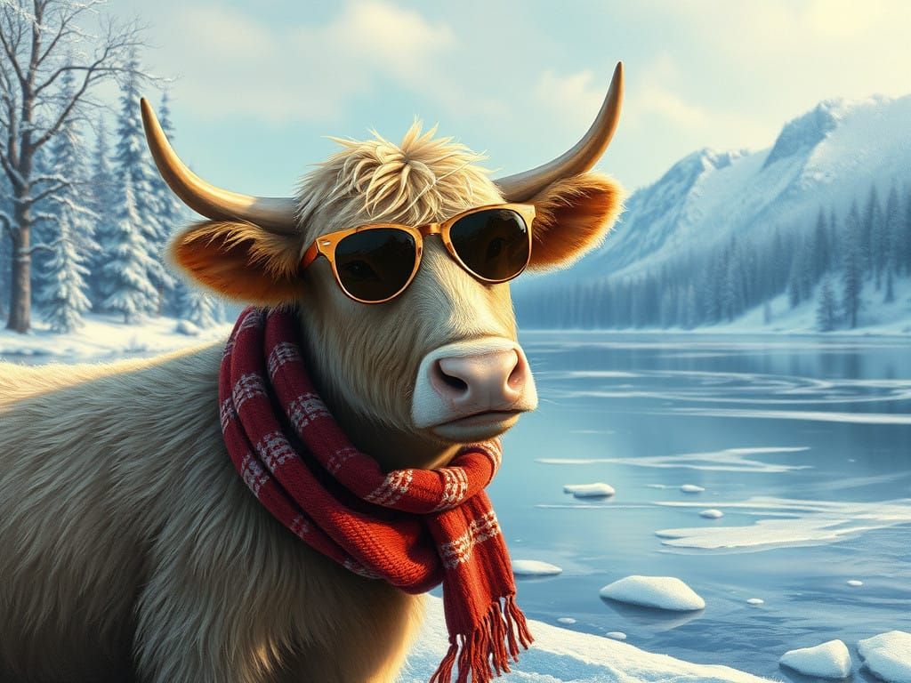 Whimsical Calf in Winter Wonderland Oil Painting