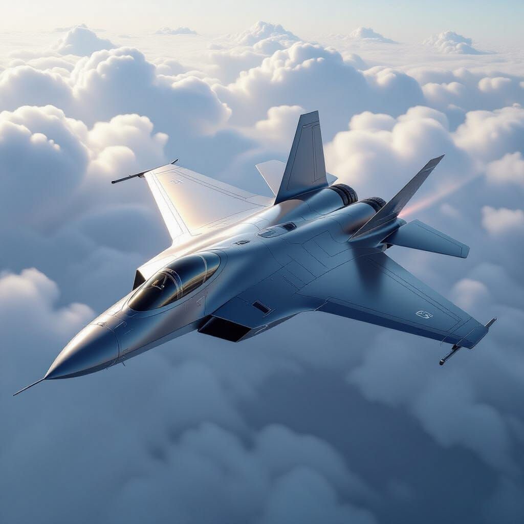 Futuristic Fighter Jet Soaring Through Cloudy Skies