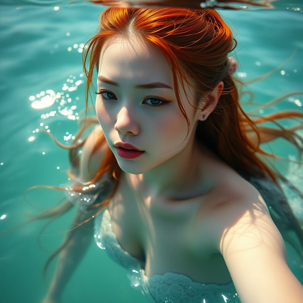 Photorealistic Chinese Mermaid Swims in Turquoise Waters