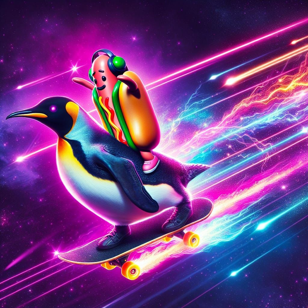 Cyberpunk Hot Dog Penguin Skateboard Adventure