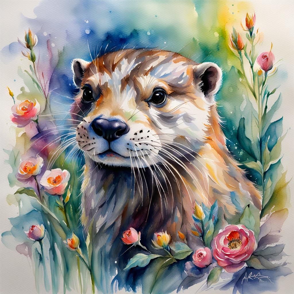 Detailed Fantasy Otter in Watercolour Style