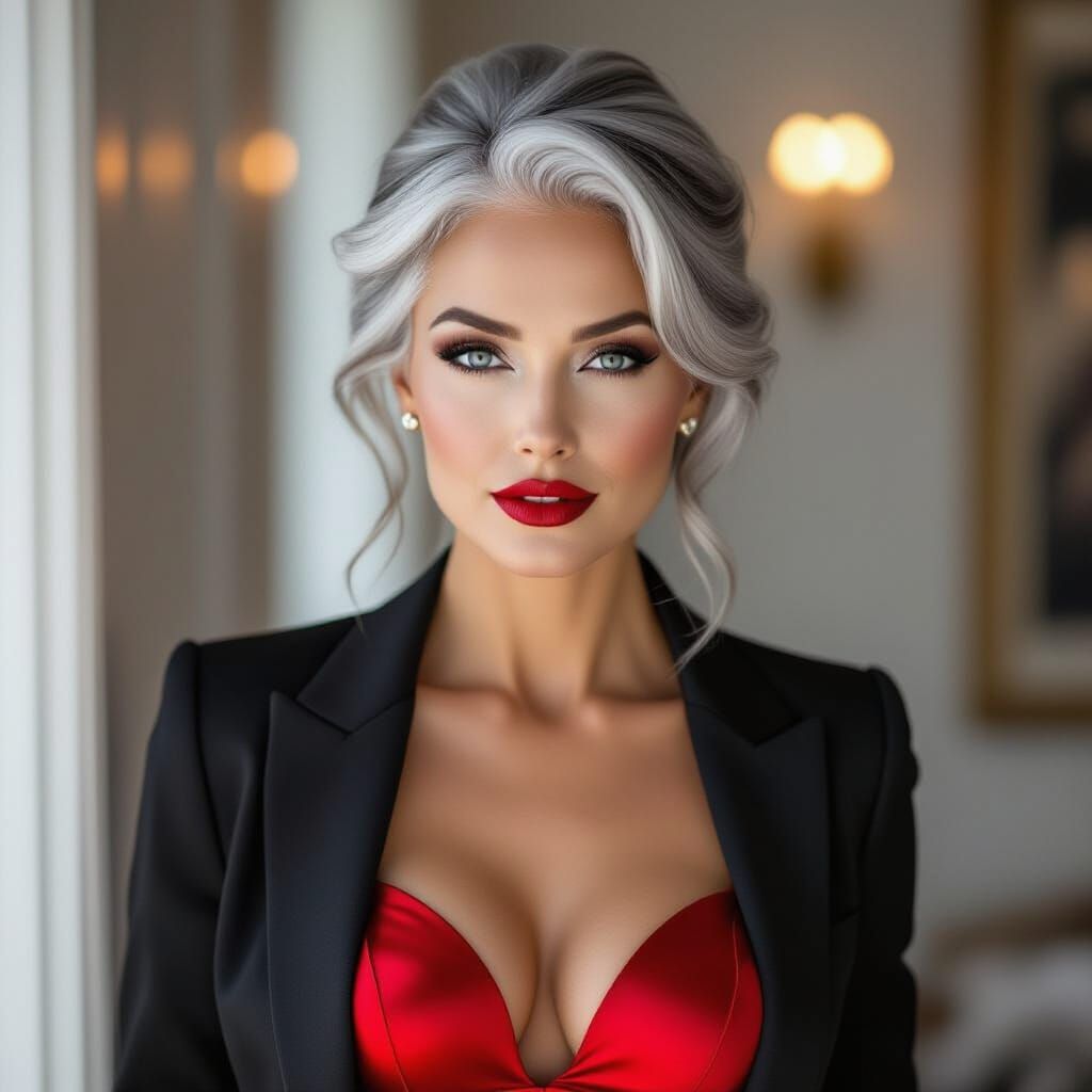 Elegant Woman with Red Lipstick, Professional Studio Portrai...