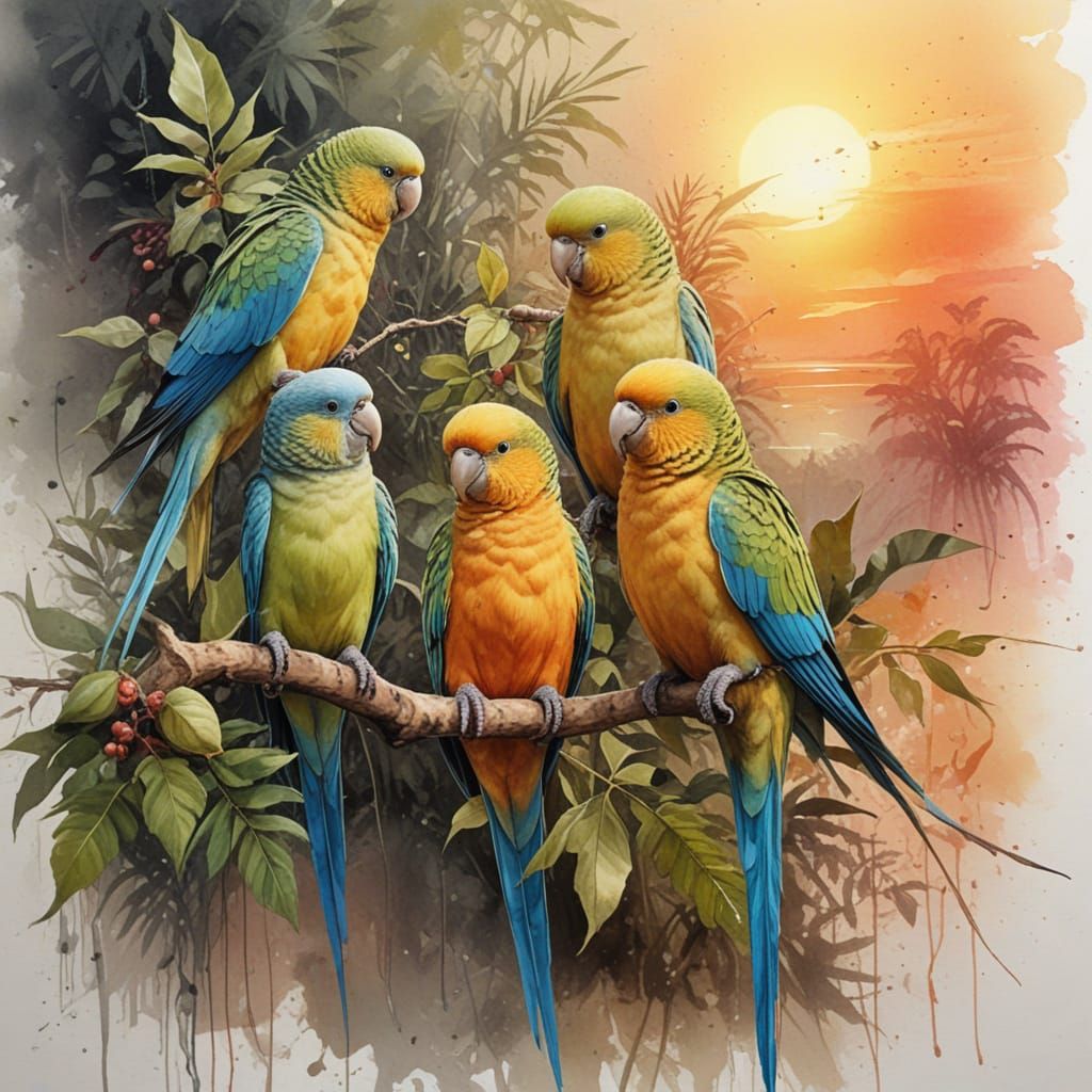 Parakeets in Vibrant Jungle Sunset, Watercolour Blend