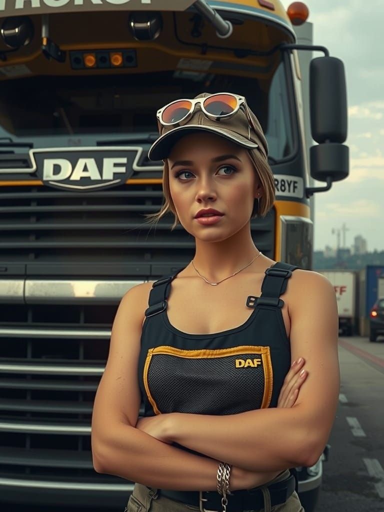 Photorealistic Female Trucker in Neon Cityscape