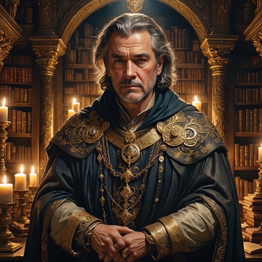 Mystical Noble in Dimly Lit Sanctum, as Matte Painting