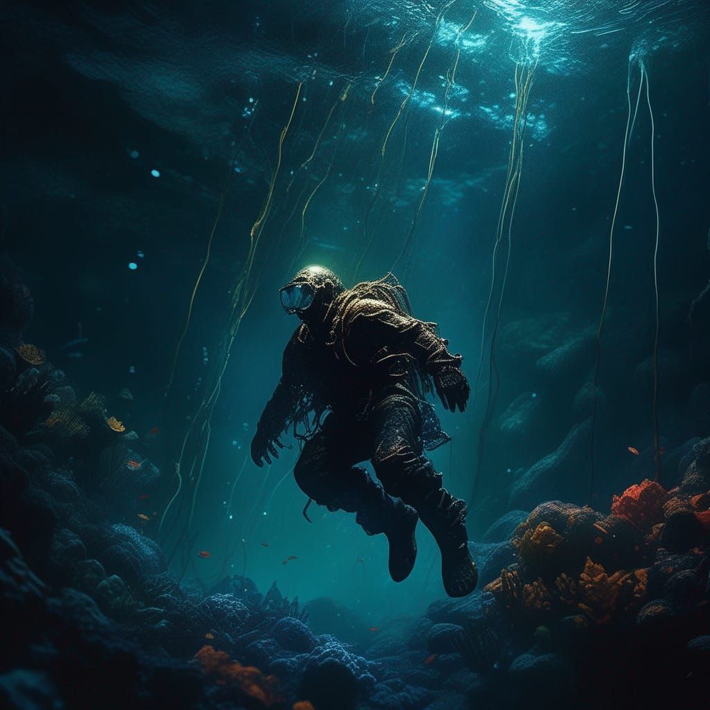 Falling Man in Dark Seabed: Realistic Fantasy Art