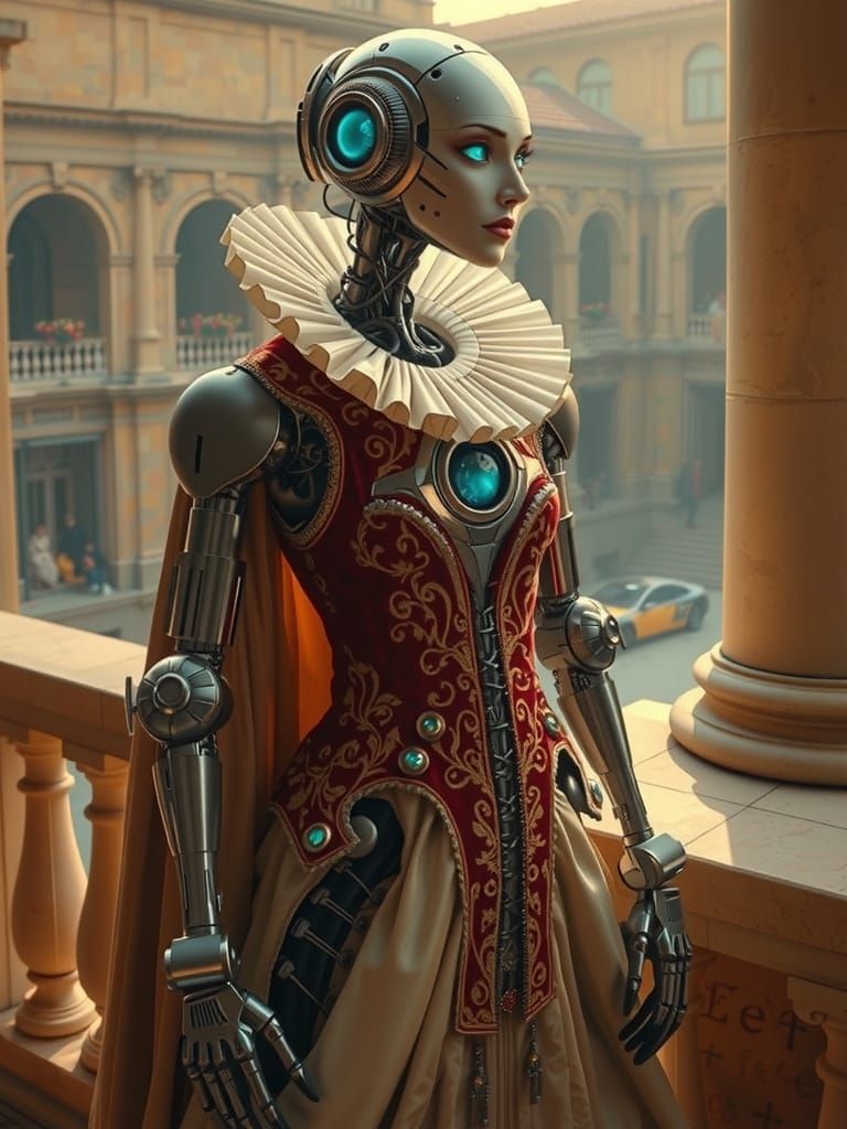 Futuristic Robot in Renaissance Attire: Hyper-Realistic Rend...