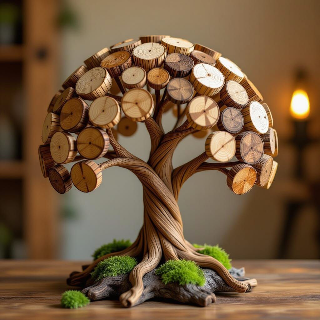 Handcrafted Wooden Tree Sculpture with Layered Wood Slices