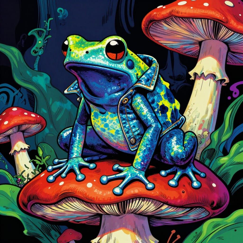 Vibrant Frog on Mushroom in Graphic Novel Style