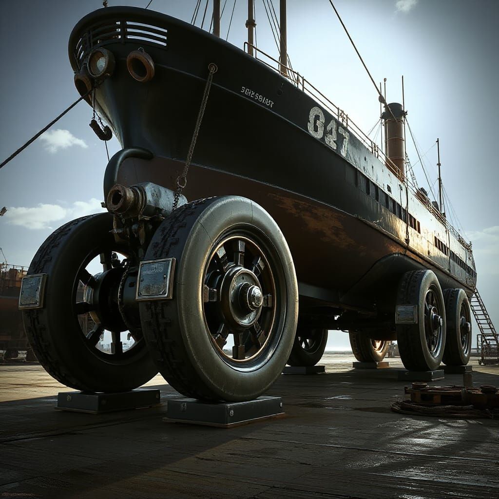Cargo Ship on Wheels in Dry Dock
