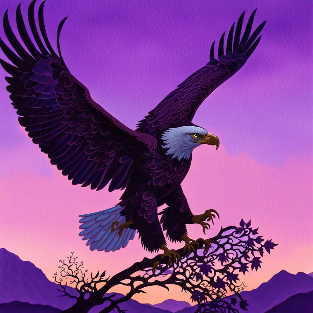 Eagle Silhouette with Purple Sky, Gouache Style