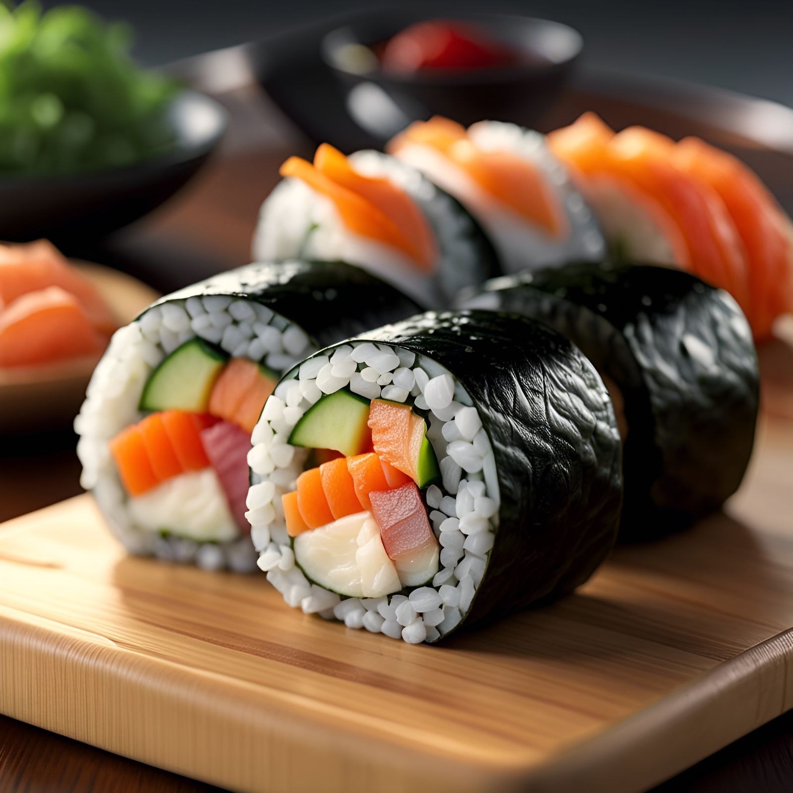 Close up shot of expertly prepared sushi rolls, cutting board, insanely detailed, sharp focus, 8k high resolution color...