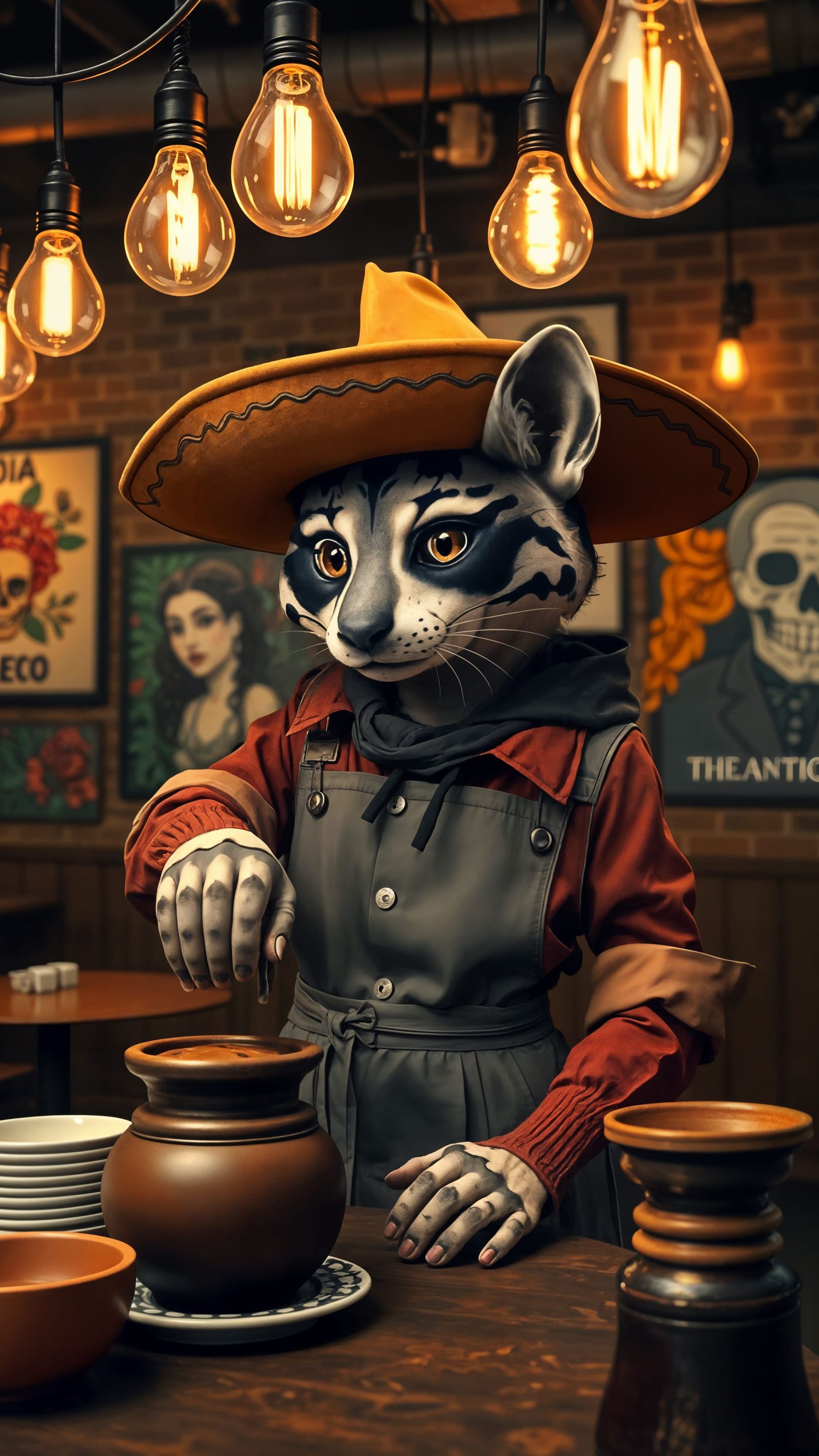Anthropomorphic ocelot wearing a felt ranchero sombrero