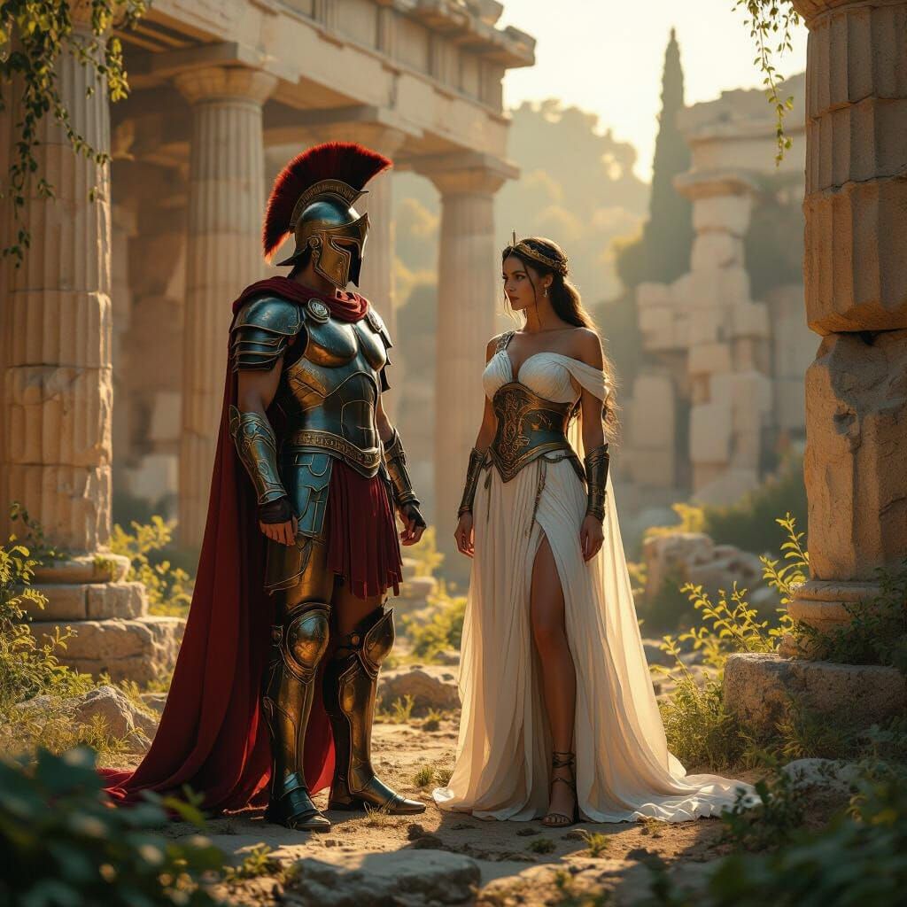 Ares and Athena Pose in Ancient Temple Ruins