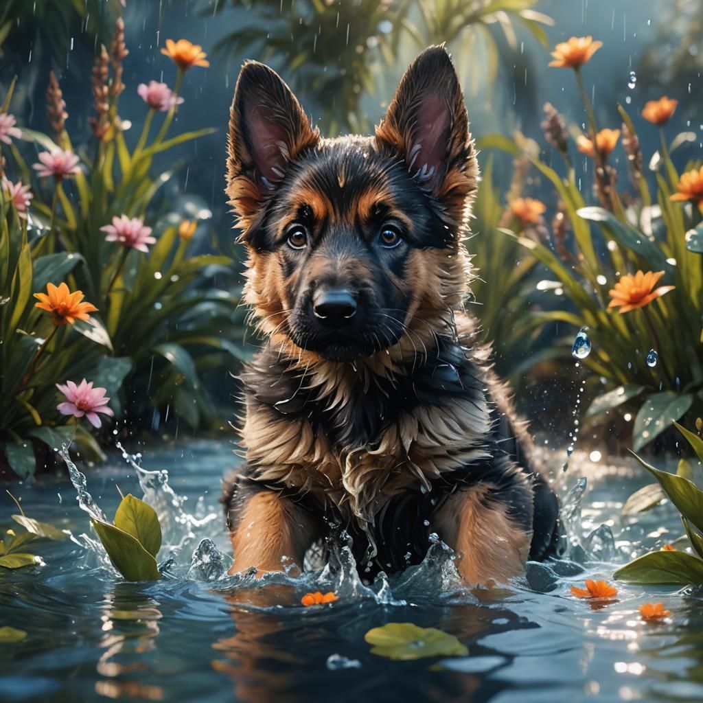 German Shepherd Puppy in Water: Fantasy Concept Art