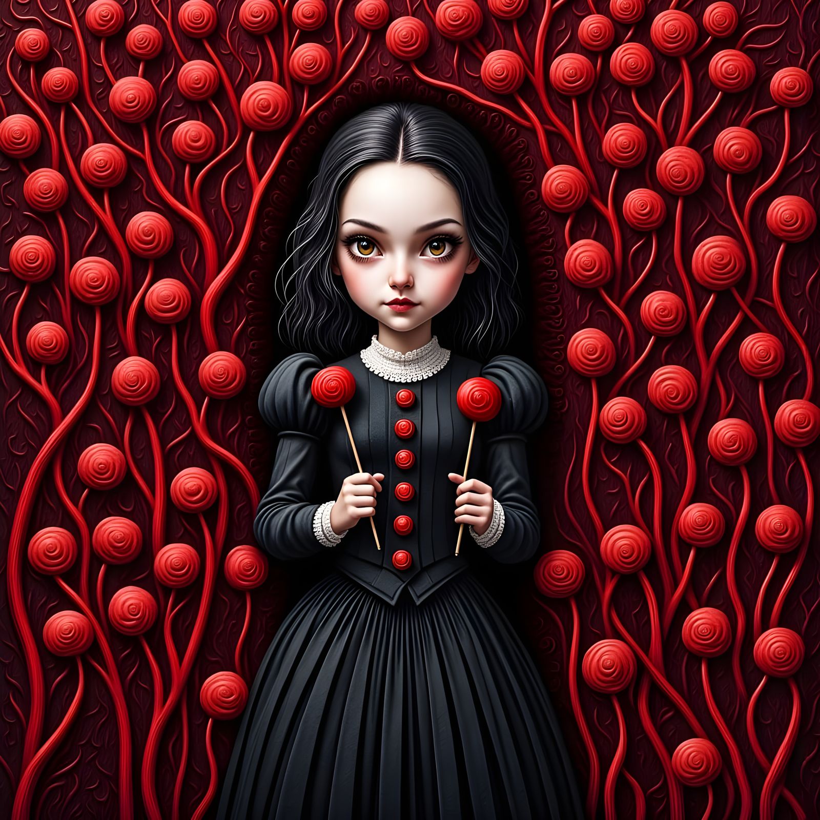 Dark Fantasy Vampire with Red Licorice, Tim Burton Style