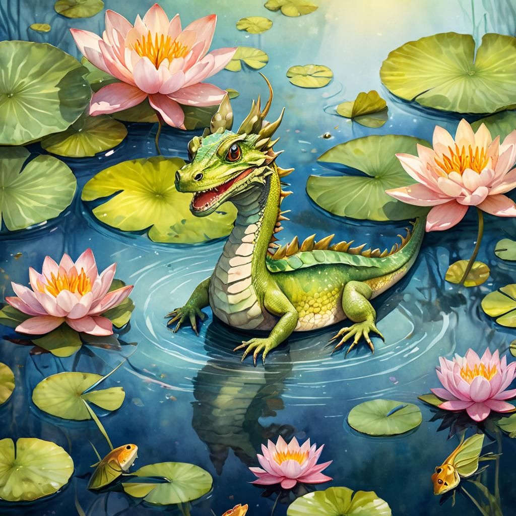 Baby Water Dragon in Pond: Watercolor Fantasy