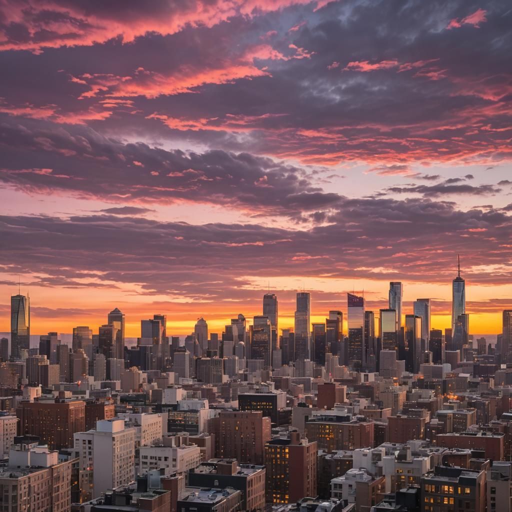 Vibrant Sunrise Over Sprawling City Skyline