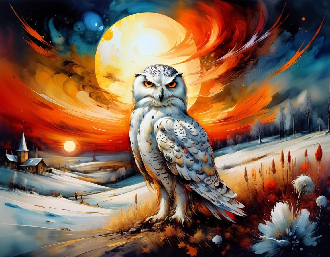 Snowy Owl Soaring Above Crystalline Landscape