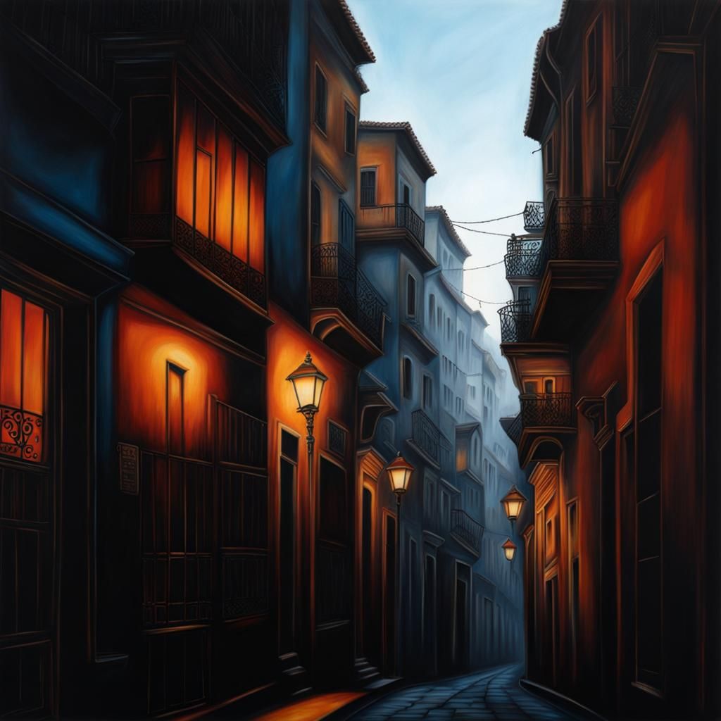 Dramatic Alleyway Painting in Chiaroscuro