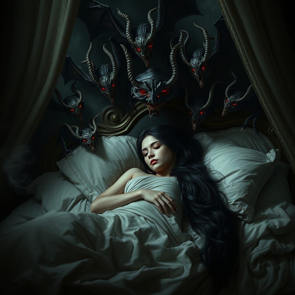 Lady in Dark Dreamland with Malevolent Demons Lurking