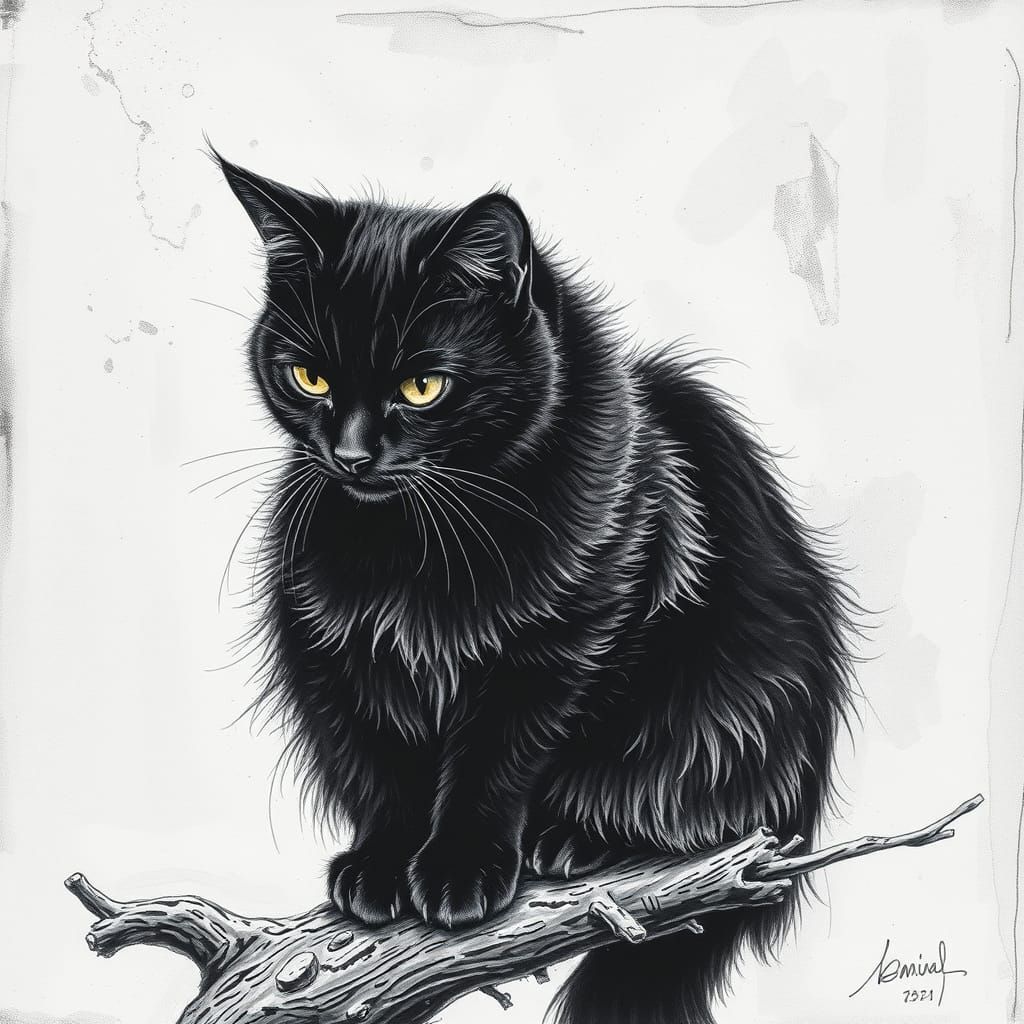 Black Cat on Branch in Oil Pastel Style