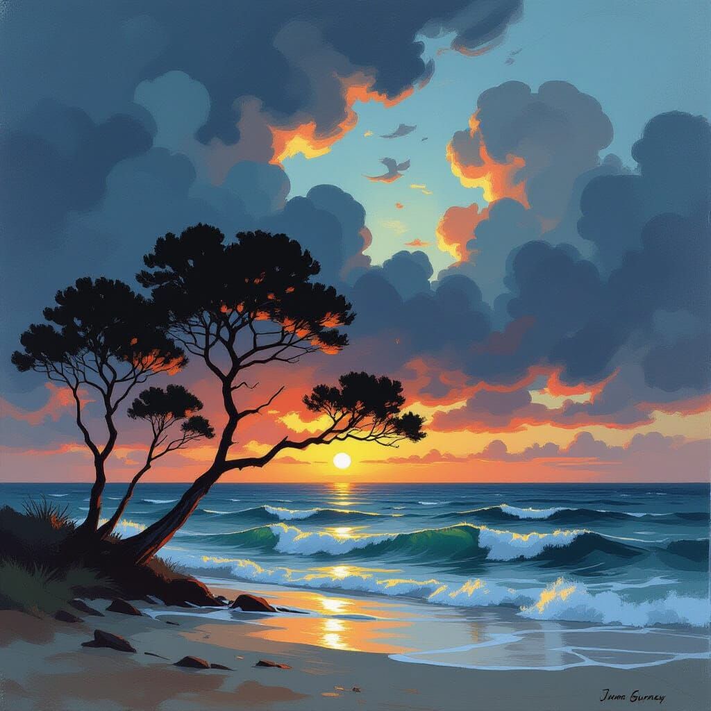 Turbulent Sea with Trees in Vivid Impressionistic Colors