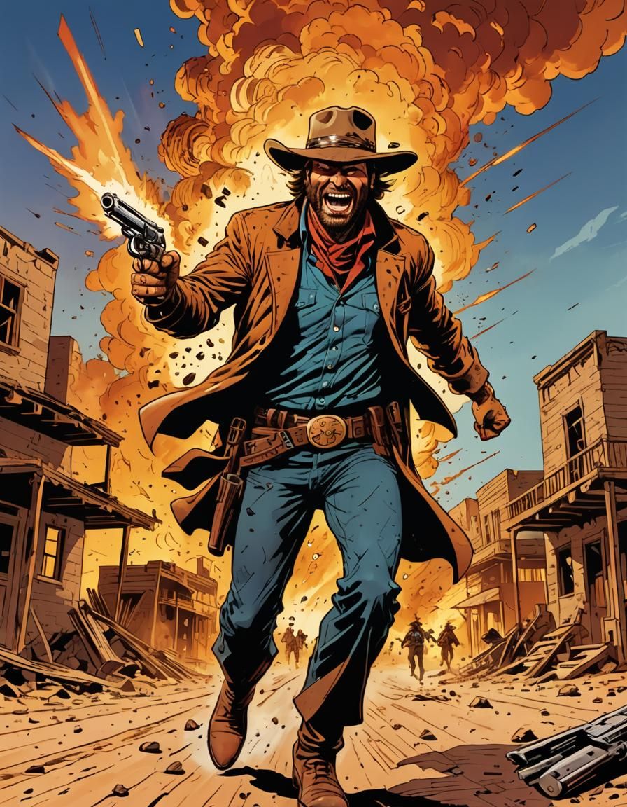 Outlaw Runs From Explosion in Comic Book Style