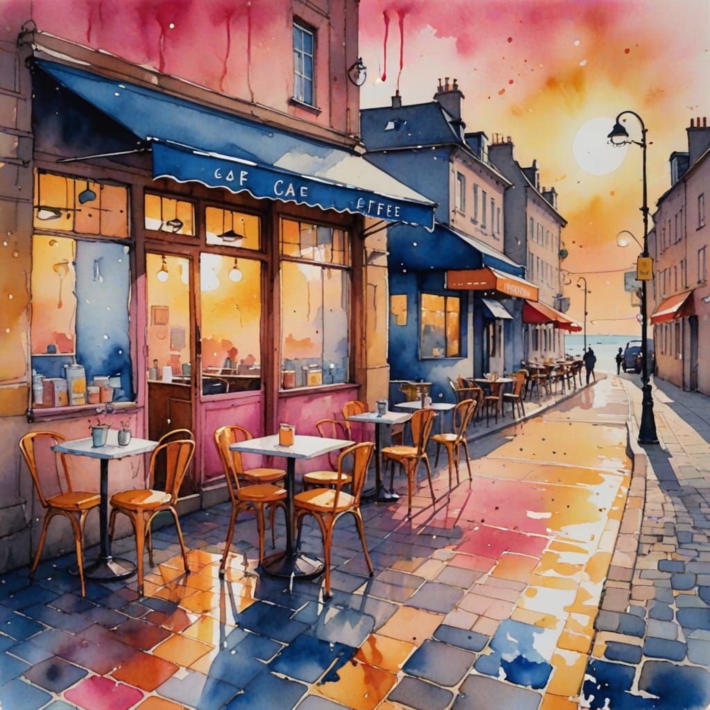 Cobblestone Cafe: Watercolor Minimalism at Sunrise