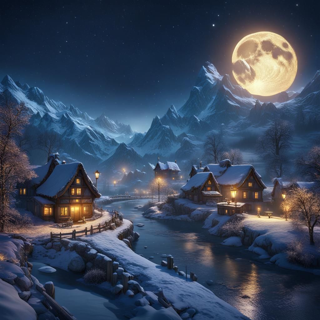 Snowy Village at Night: Fantasy Concept Art