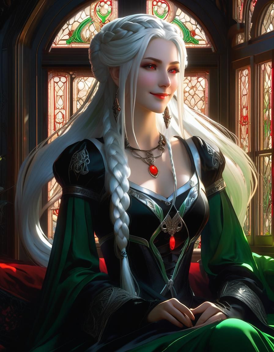 Anime a smiling goth white skinned princess with long braide...