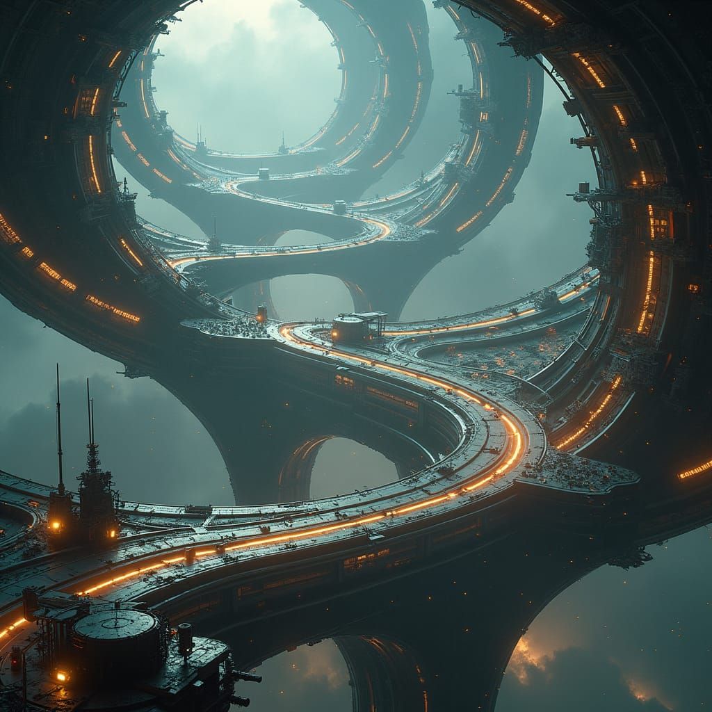 Ringed Space Fortress Transport Hub in Biomechanical Style