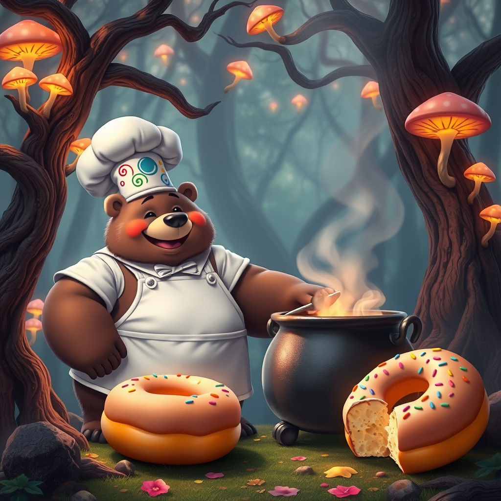Bear Chef Cooking Donuts in Mystical Forest