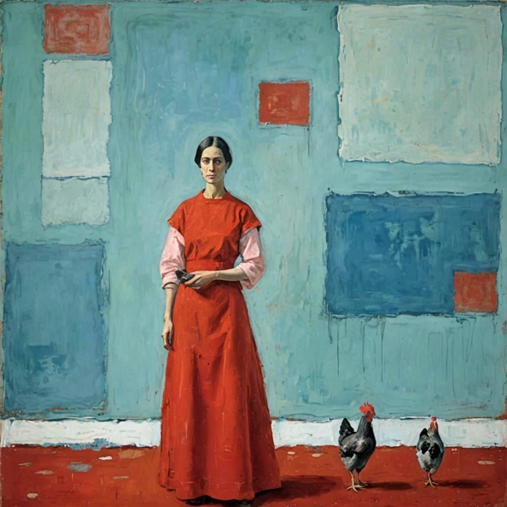Woman in Red with Chickens, Rothko Style
