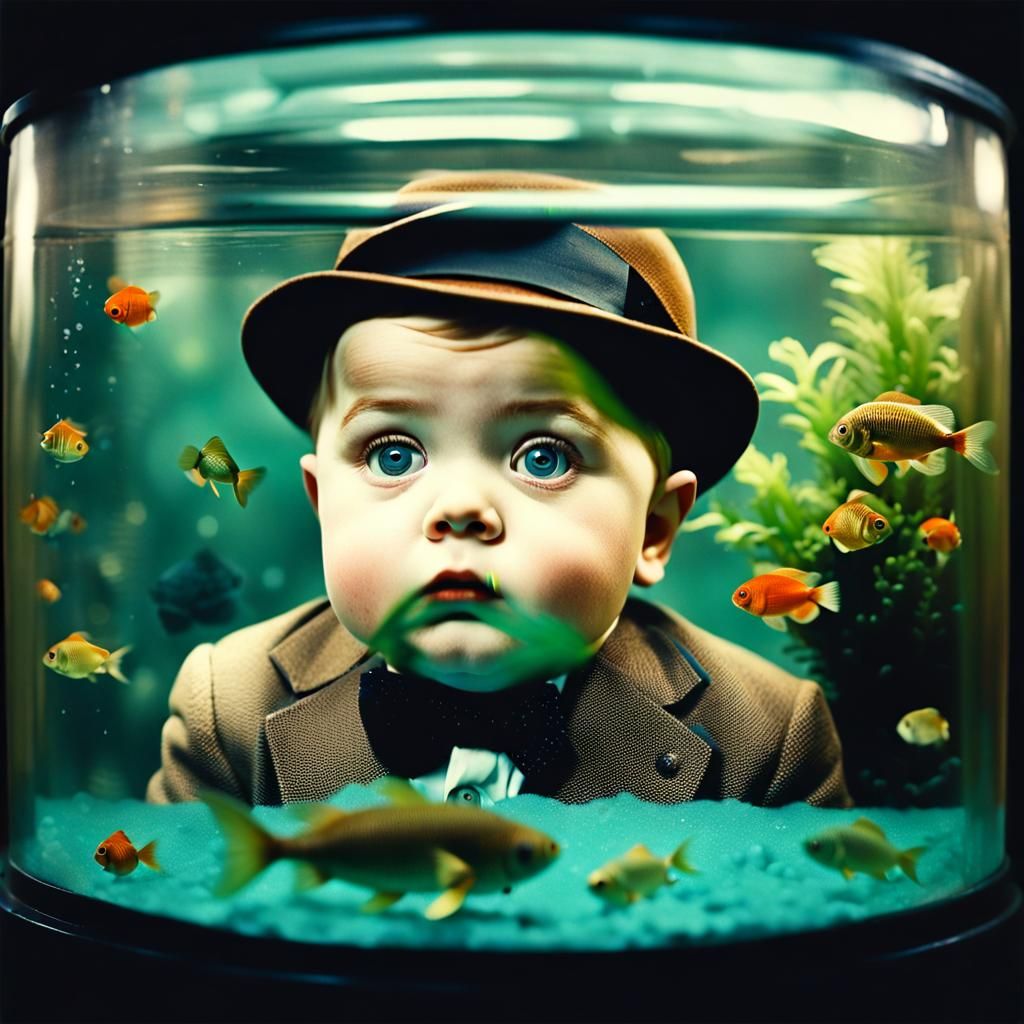 Child Trapped in Aquarium: Vintage Cinematic Photograph