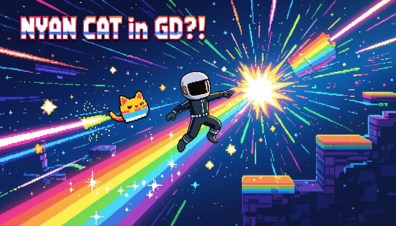 Geometry Dash Character in Nyan Cat Rainbow Level