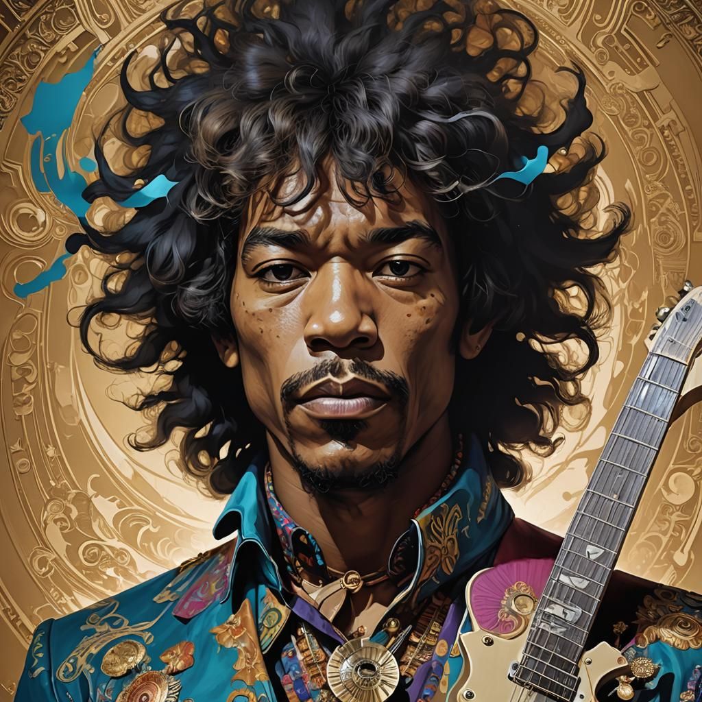 Surreal Portrait of Jimi Hendrix with Guitar
