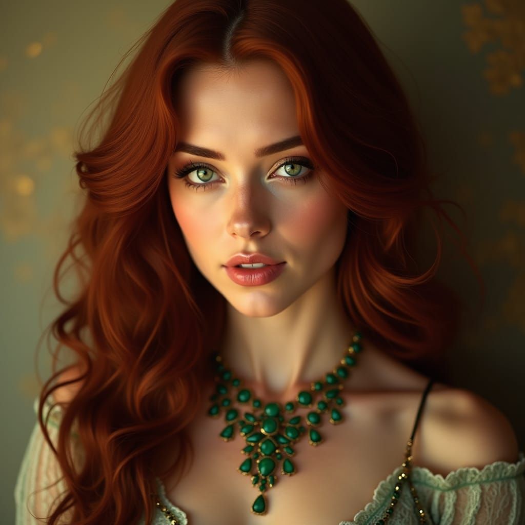 Red-Haired Woman with Emerald Necklace, Pre-Raphaelite Portr...