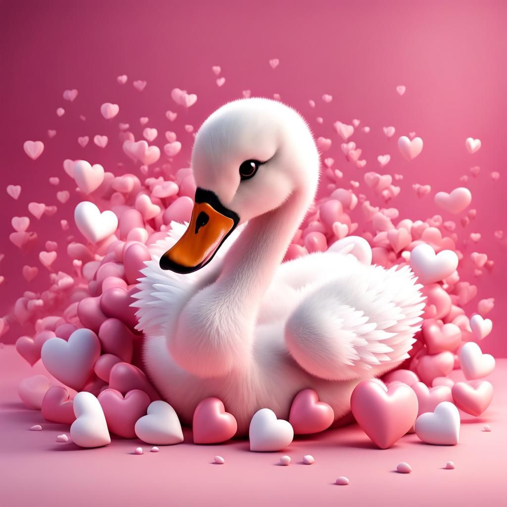Adorable 3D Baby Swan with Hearts on Pink