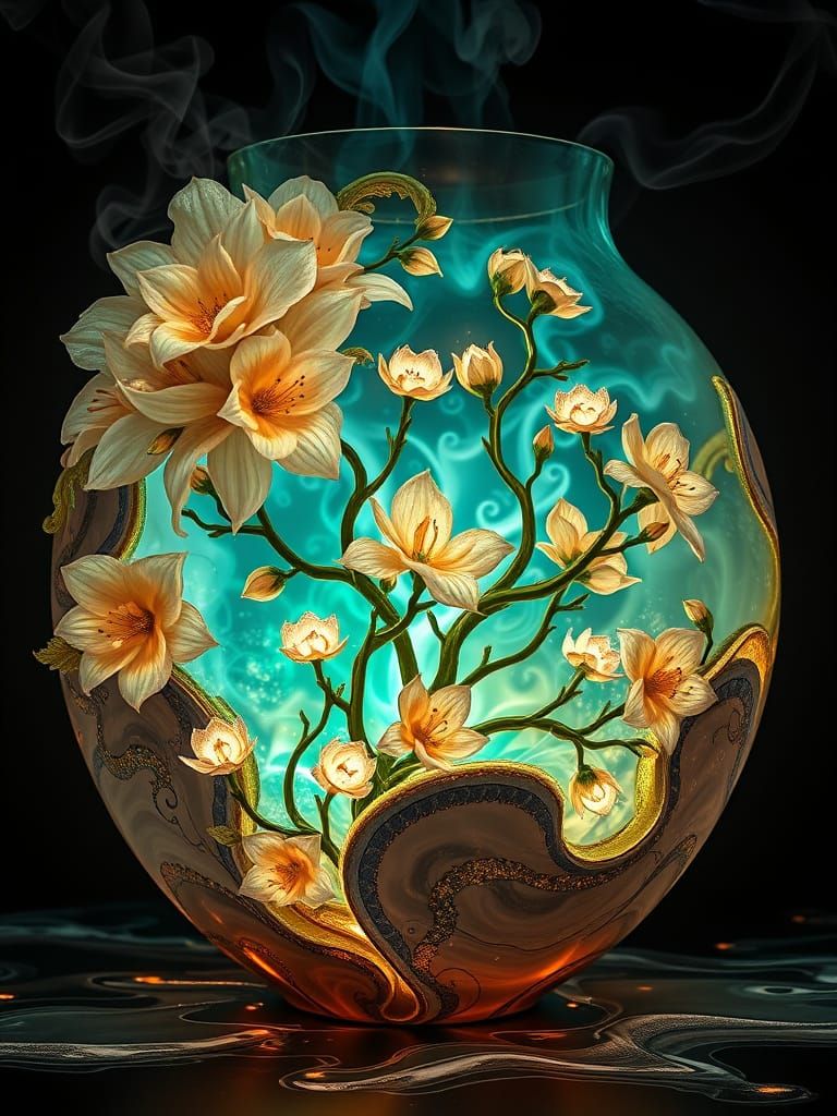 Bioluminescent Fractal Vase in Kintsugi Art Style