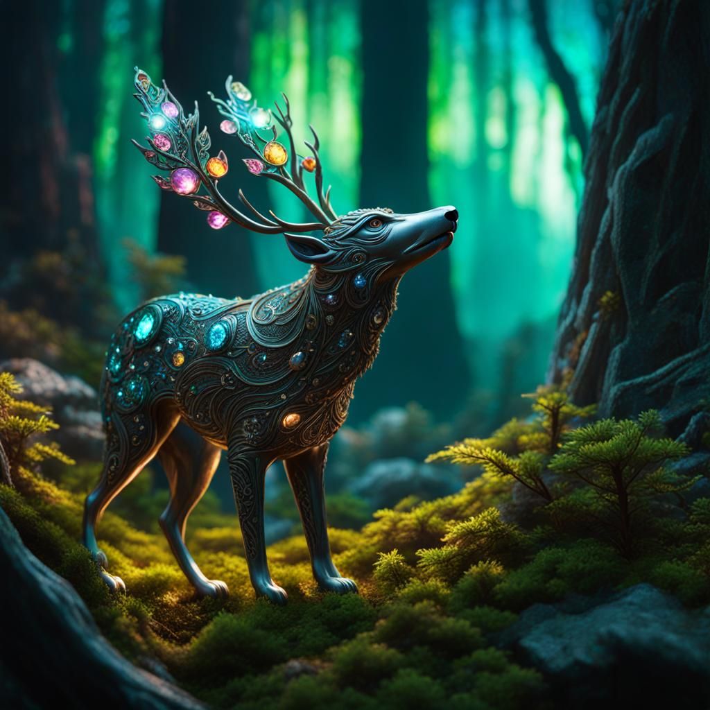 Jeweled Metal Elk in Magical Forest