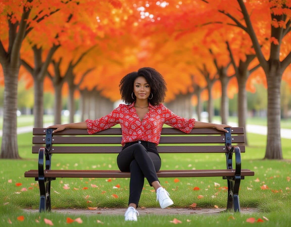 Young Woman on Park Bench Amidst Blooming Orange-Red Trees