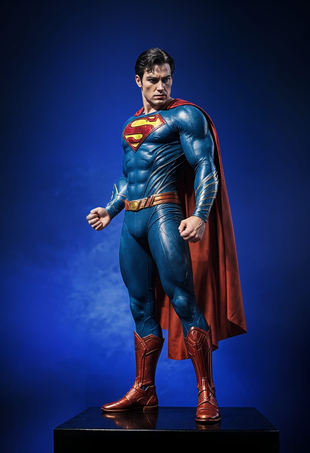 Superman in Defiant Pose with Metallic Costume and Dramatic....