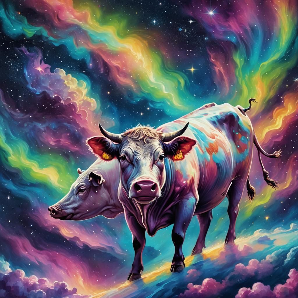 Surreal Cosmic Scene with Astral Cow and Pig