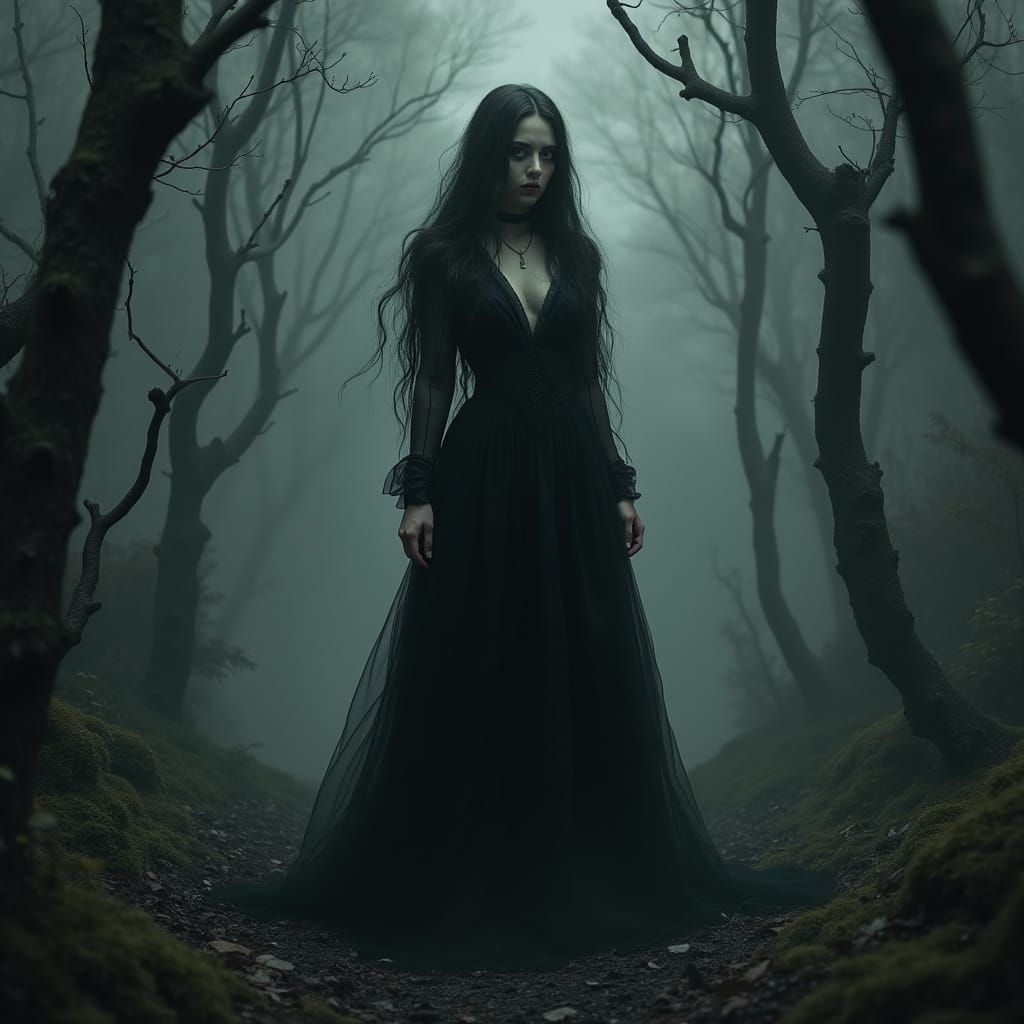 Gothic Goddess of Hallows Eve in Mystical Forest