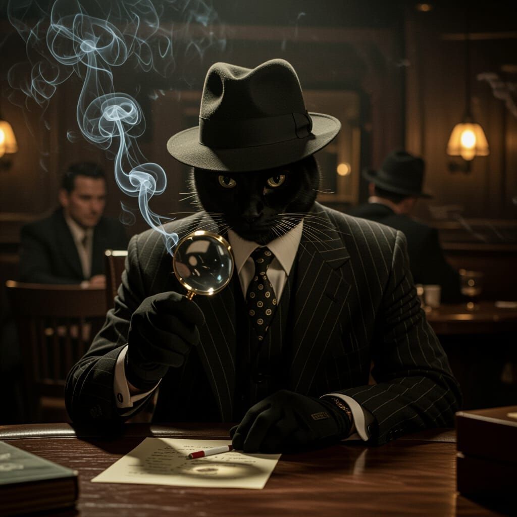 A detective, dressed in a pinstripe suit and fedora, investigates a mysterious case in a dimly lit speakeasy.