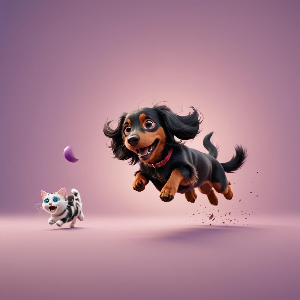 Dachshund Chasing Cat: 3D Animated Art